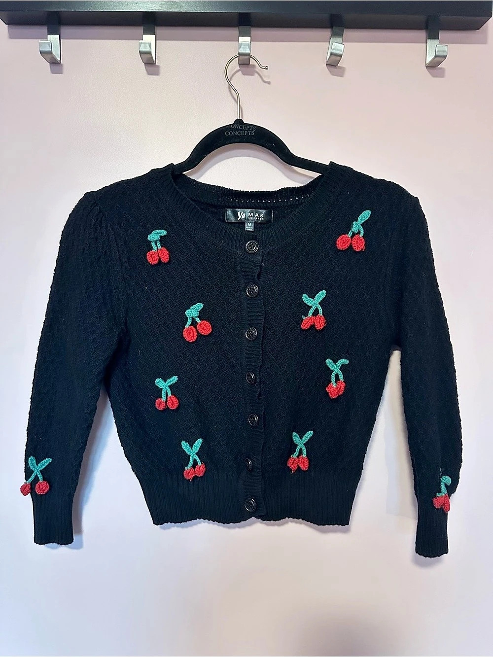 Ye MAK Cherry Applique Cardigan Black & Red Medium
